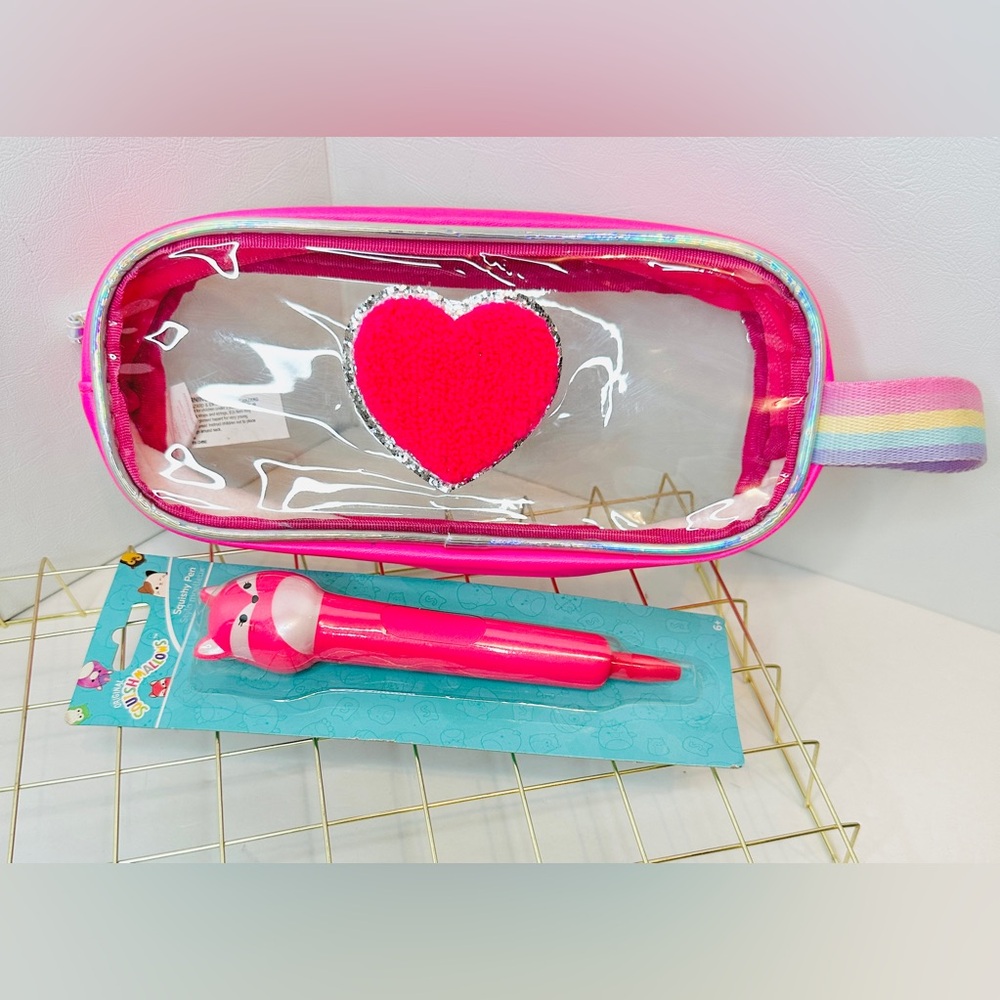 New Squishmallows Squishy Pen Fifi Fox With Clear & Hot Pink Heart Pencil Bag